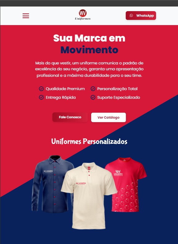 Preview do site para uniformes personalizados.